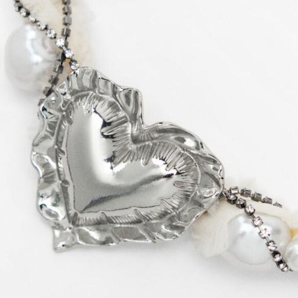 New ZARA Jewel heart rhinestone fabric  choker pendant necklace SOLD OUT @zara - Picture 5 of 13